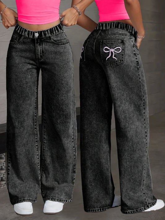 Y2K Butterfly Embroidered Dark Denim Pants – Trendy Girl Style suitable.